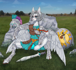 Size: 2303x2098 | Tagged: safe, derpibooru import, oc, oc:light knight, pegasus, armor, armor skirt, clothes, fantasy class, greece, greek, guard, helmet, implied princess celestia, knight, military, military uniform, roman, shield, skirt, spartan, sun, sword, underwear, uniform, warrior, weapon