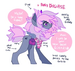 Size: 834x792 | Tagged: safe, artist:batthsalts, derpibooru import, oc, oc only, oc:lila-mu, pegasus, pony, bag, clothes, dialogue, ear piercing, earring, flower, jewelry, piercing, purple eyes, saddle bag, scarf, simple background, smiling, solo, spread wings, standing, striped scarf, text, white background, wings