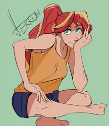 Size: 1900x2197 | Tagged: safe, artist:vtekkon, derpibooru import, sunset shimmer, equestria girls, bare shoulders, barefoot, feet, female, green background, simple background, sleeveless, solo