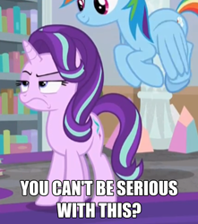 Size: 1272x1440 | Tagged: safe, derpibooru import, edit, edited screencap, screencap, rainbow dash, starlight glimmer, pegasus, pony, unicorn, school raze, annoyed, cropped, female, flying, horn, mare, seriously, solo focus, standing, starlight glimmer is not amused, text, text edit, unamused, wings