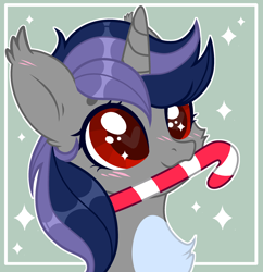 Size: 2634x2720 | Tagged: safe, artist:sarahsuresh-art, derpibooru import, oc, oc only, oc:dreaming star, bat pony, hybrid, pony, unicorn, bat pony oc, bat pony unicorn, bust, candy, candy cane, chest fluff, christmas, commission, cute, food, hearts warming day, holiday, horn, male, ocbetes, pale belly, portrait, red eyes, solo, stallion, ych result