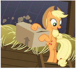 Size: 1080x975 | Tagged: safe, derpibooru import, screencap, applejack, box, butt, smiling, straw