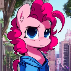 Size: 447x447 | Tagged: safe, derpibooru exclusive, derpibooru import, generator:purplesmart.ai, generator:stable diffusion, machine learning generated, pinkie pie, argentina, blue blouse, buenos aires, city, cityscape, day, female, jason brooks, looking at you, satoshi hirayama, smiling, solo, tree