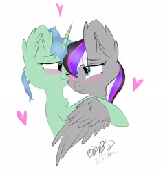 Size: 2839x2993 | Tagged: safe, artist:kbstarflower, derpibooru import, oc, oc only, pegasus, unicorn, duo, female, heart, horn, lesbian, oc x oc, pegasus oc, shipping, simple background, unicorn oc, white background