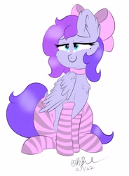 Size: 2521x3433 | Tagged: safe, artist:kbstarflower, derpibooru import, oc, oc only, pegasus, bow, clothes, female, hair bow, pegasus oc, simple background, socks, solo, striped socks, white background