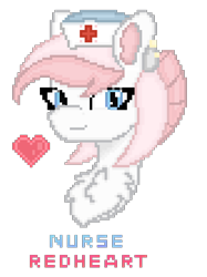 Size: 1080x1441 | Tagged: safe, artist:sodapop sprays, derpibooru import, nurse redheart, earth pony, pony, bust, chest fluff, ear piercing, hat, looking at you, piercing, pixel art, simple background, smiling, smiling at you, solo, transparent background