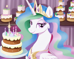 Size: 2560x2048 | Tagged: safe, derpibooru import, editor:felisamafeles, generator:stable diffusion, machine learning generated, princess celestia, alicorn, pony, cake, cakelestia, female, food, lithograph, solo, traditional art, wings