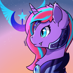 Size: 500x500 | Tagged: safe, artist:backgroundpony#f352, derpibooru import, oc, bat pony, pony, unicorn, armor, chest fluff, closed mouth, ear fluff, ears, eyes open, fangs, horn, looking to side, looking to the left, new lunar republic, profile, signature, solo, sunset