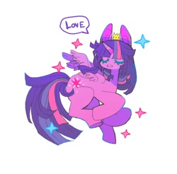 Size: 736x724 | Tagged: safe, alternate version, artist:batthsalts, derpibooru import, twilight sparkle, twilight sparkle (alicorn), alicorn, pony, colored eyelashes, crown, curled up, eyes closed, female, jewelry, regalia, simple background, smiling, solo, sparkles, speech bubble, spread wings, text, white background, wings