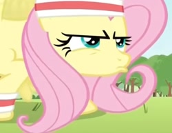 Size: 1397x1080 | Tagged: safe, derpibooru import, screencap, fluttershy, pegasus, pony, hurricane fluttershy, blurry, grass, i can see the pixels, solo, sweatband, training, tree, upscaled