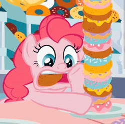 Size: 1080x1068 | Tagged: safe, derpibooru import, screencap, pinkie pie, earth pony, pony, the ending of the end, donut, eating, female, food, mare, open mouth, overeating, solo, this will end in diabetes, this will end in tummy aches