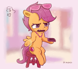 Size: 569x506 | Tagged: safe, artist:fipoki, derpibooru import, scootaloo, pegasus, pony, bangles, cellphone, female, filly, foal, jewelry, lipstick, necklace, phone, shrug, signature, sitting, smartphone, solo, stool, sunglasses, super mario bros., super mario bros. plumbing commercial, the super mario bros. movie