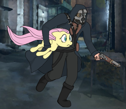 Size: 1279x1100 | Tagged: artist needed, source needed, safe, derpibooru import, fluttershy, human, pegasus, pony, corvo attano, crossover, dishonored, duo, flintlock, human and pony, mask