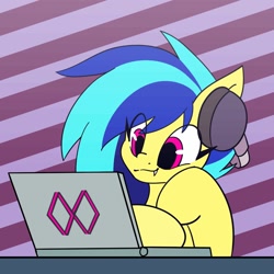 Size: 1200x1200 | Tagged: safe, artist:koa, derpibooru import, oc, oc only, oc:koa, pony, computer, cute, cute little fangs, eye clipping through hair, fangs, headphones, laptop computer, solo