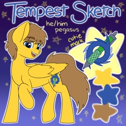 Size: 1500x1500 | Tagged: safe, artist:koa, derpibooru import, oc, oc only, oc:tempest sketch, pegasus, pony, cutie mark, eye clipping through hair, eyebrows, happy, looking at you, open mouth, open smile, raised hoof, raised leg, smiling, solo
