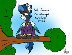 Size: 1210x935 | Tagged: safe, artist:whirlwindflux, derpibooru import, oc, oc only, oc:whirlwind flux, pegasus, pony, in a tree, male, shadowbolts, solo, stallion, tree, tree branch