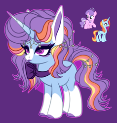 Size: 3156x3330 | Tagged: safe, artist:justsadluna, derpibooru import, diamond tiara, sassy saddles, oc, earth pony, pony, unicorn, bow, eyelashes, female, filly, foal, horn, jewelry, magical lesbian spawn, makeup, mare, offspring, parent:diamond tiara, parent:sassy saddles, purple background, simple background, tiara, unicorn oc