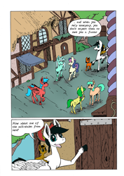 Size: 905x1280 | Tagged: safe, artist:darkhestur, derpibooru import, oc, oc:dusk, oc:knight, oc:morro, pony, background pony, comic, houses, panels, ponyville, speech bubble, street, tumblr comic