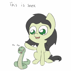Size: 720x720 | Tagged: safe, artist:happy harvey, twibooru import, oc, oc only, oc:anon filly, pony, snake, female, filly, foal, simple background, snek, solo, white background
