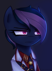 Size: 2116x2893 | Tagged: safe, artist:opal_radiance, derpibooru import, oc, oc only, pony, clothes, eaw, eyebrows, female, frown, gradient background, high res, mare, pax solaris, signature, solarist, solo, uniform, unnamed oc