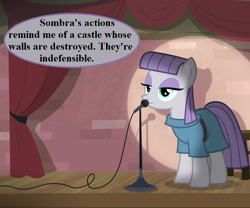 Size: 864x720 | Tagged: safe, derpibooru import, edit, edited screencap, screencap, the maud couple, clothes, cropped, dress, implied king sombra, maud the comedian, microphone, pun, speech bubble, spotlight