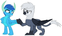 Size: 2748x1596 | Tagged: safe, artist:ponygamer2020, derpibooru import, oc, oc only, oc:frosty, oc:frosty the dragon, oc:grey, oc:grey the griffon, dragon, griffon, absurd resolution, claws, dragon oc, duo, duo male, eyebrows, griffon oc, hair, horn, ice dragon, male, non-pony oc, raised eyebrow, simple background, smiling, solo, tail, teenaged dragon, teenager, transparent background, vector, wings