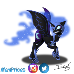 Size: 2500x2500 | Tagged: safe, artist:memprices, derpibooru import, nightmare moon, alicorn, armor, concave belly, ethereal mane, ethereal tail, female, frown, gritted teeth, helmet, hoof shoes, jaws, mare, peytral, princess shoes, raised hoof, raised leg, shading, shadow, simple background, slim, solo, spread wings, standing, starry mane, starry tail, tail, teeth, thin, white background, wings