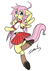 Size: 2481x3508 | Tagged: safe, artist:memprices, derpibooru import, fluttershy, pegasus, semi-anthro, blushing, butt, clothes, colored, crossover, female, flat colors, high res, izumi konata, jumping, looking at you, lucky star, mare, plot, raised tail, sailor uniform, shoes, simple background, skirt, socks, solo, spread wings, tail, uniform, white background, wings