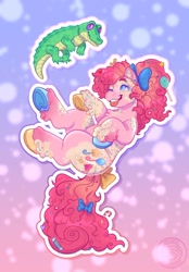 Size: 1500x2155 | Tagged: safe, artist:plushparades, derpibooru import, gummy, pinkie pie, alligator, earth pony, pony, g4, blue eyes, bow, candy, candy cane, colored hooves, ear piercing, female, food, gradient background, hair bow, mare, one eye closed, piebald coat, piercing, pink mane, redesign, smiling, sprinkles, tail, tail bow, tongue, tongue out, unshorn fetlocks