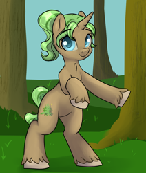 Size: 2200x2600 | Tagged: safe, artist:dumbwoofer, derpibooru import, oc, oc:ever shine, pony, unicorn, bipedal, blue eyes, chest fluff, female, forest background, looking at you, mare, ponytail, smiling, smiling at you, solo, unshorn fetlocks