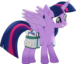 Size: 3809x3221 | Tagged: safe, artist:lincolnbrewsterfan, derpibooru import, twilight sparkle, twilight sparkle (alicorn), alicorn, pony, rainbow roadtrip, .svg available, bag, book, cute, cute face, cute smile, female, flourish, folded wings, grin, happy, high res, horn, inkscape, long horn, looking forward, mare, movie accurate, multicolored hair, multicolored mane, multicolored tail, paper, purple eyes, scroll, simple background, smiling, solo, standing, striped mane, striped tail, svg, tail, teeth, transparent background, trotting, twiabetes, vector, wings