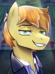 Size: 4001x5393 | Tagged: safe, artist:opal_radiance, derpibooru import, feather bangs, earth pony, pony, equestria at war mod, absurd resolution, bedroom eyes, bust, clothes, eyebrows, grin, looking at you, male, shiny, shiny teeth, smiling, smiling at you, solo, stallion, teeth