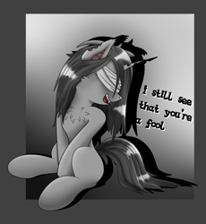Size: 1058x1148 | Tagged: artist needed, source needed, safe, derpibooru import, oc, oc only, bat pony, hybrid, pony, unicorn, bat pony unicorn, blind, blindfold, cheek fluff, chest fluff, fangs, female, horn, mare, monochrome, sitting, solo