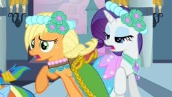Size: 2110x1194 | Tagged: safe, derpibooru import, screencap, applejack, rarity, earth pony, pony, unicorn, a canterlot wedding, alternate hairstyle, bridesmaid, bridesmaid dress, candle, canterlot, canterlot castle, castle, clothes, concerned, dress, female, floral head wreath, flower, flower in hair, force field, gown, missing accessory, royal wedding, running, shocked, shocked expression, steps