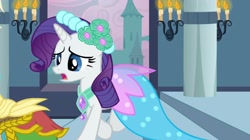 Size: 2160x1210 | Tagged: safe, derpibooru import, screencap, applejack, rarity, earth pony, pony, unicorn, a canterlot wedding, alternate hairstyle, bridesmaid, bridesmaid dress, candle, canterlot, canterlot castle, castle, clothes, concerned, dress, floral head wreath, flower, flower in hair, force field, gown, royal wedding, running, shocked, shocked expression, steps