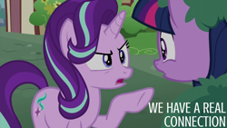 Size: 2000x1125 | Tagged: safe, derpibooru import, edit, edited screencap, editor:quoterific, screencap, starlight glimmer, twilight sparkle, alicorn, pony, unicorn, no second prances, bush, duo, duo female, female, mare