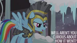 Size: 1280x720 | Tagged: safe, derpibooru import, edit, edited screencap, editor:quoterific, screencap, commander hurricane, rainbow dash, hearth's warming eve (episode), armor, solo