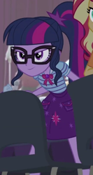 Size: 290x544 | Tagged: safe, derpibooru import, screencap, rainbow dash, sci-twi, sunset shimmer, twilight sparkle, human, better together, cheer you on, equestria girls, >:), bowtie, chair, clothes, cutie mark on clothes, determined smile, geode of telekinesis, glasses, jewelry, magical geodes, offscreen character, offscreen human, pendant, polo shirt, ponytail, skirt, solo