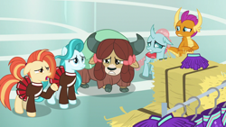 Size: 1280x720 | Tagged: safe, derpibooru import, screencap, lighthoof, ocellus, shimmy shake, smolder, yona, 2 4 6 greaaat, cheerleader, cheerleader outfit, clothes, clothes rack, hay bale