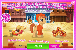 Size: 1959x1297 | Tagged: safe, derpibooru import, earth pony, pony, advertisement, clothes, costs real money, cowboy hat, english, gameloft, hat, kart, male, mobile game, my little pony: magic princess, numbers, official, sale, shirt, solo, solo focus, stallion, text, unnamed character, unnamed pony