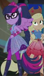 Size: 309x539 | Tagged: safe, derpibooru import, screencap, applejack, sci-twi, twilight sparkle, better together, cheer you on, equestria girls, alternate hairstyle, armpits, belt, boots, clothes, cowboy boots, cowboy hat, cutie mark on clothes, frills, gorget, hand on hip, hat, jewelry, knee-high boots, leggings, ponied up, pony ears, regalia, shirt, shoes, skirt, sleeveless, sleeveless shirt, stetson, super ponied up, wings