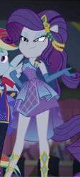 Size: 248x548 | Tagged: safe, derpibooru import, screencap, rainbow dash, rarity, human, better together, cheer you on, equestria girls, alternate hairstyle, belt, cape, clothes, cropped, eyeshadow, gloves, jewelry, lidded eyes, long gloves, makeup, offscreen character, offscreen human, ponied up, sleeveless, smug, solo focus, super ponied up, tiara