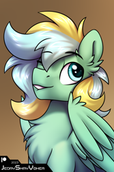 Size: 2000x3000 | Tagged: safe, artist:jedayskayvoker, derpibooru import, oc, oc only, oc:typh, oc:typhoon, pegasus, pony, bust, chest fluff, ear fluff, ears, fluffy, folded wings, gradient background, icon, long mane, male, patreon, patreon reward, pegasus oc, portrait, smiling, solo, stallion, wings