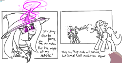 Size: 1322x685 | Tagged: safe, artist:firecracker, derpibooru import, oc, earth pony, pony, unicorn, butt, comic, death, dialogue, female, glowing, glowing horn, gun, head shot, horn, magic, mouth hold, partial color, plot, weapon