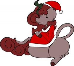 Size: 1826x1636 | Tagged: safe, artist:horsecello, derpibooru import, oc, oc:pepper, kirin, belly, big belly, christmas, fat, female, hat, holiday, santa hat, simple background, sitting, solo, white background