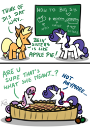 Size: 2894x4093 | Tagged: safe, artist:julunis14, derpibooru import, applejack, rarity, sweetie belle, earth pony, pony, unicorn, series:my little honses, sisterhooves social, 2 panel comic, :v, apple, apple pie, belle sisters, chalkboard, chest fluff, comic, dialogue, digital art, eyes closed, fancy mathematics, female, filly, foal, food, high res, literal, mare, math, messy, misspelling, misunderstanding, open mouth, parody, pie, scene interpretation, siblings, signature, silly, simple background, sisters, white background