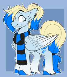 Size: 828x956 | Tagged: safe, artist:rockin_candies, derpibooru import, oc, oc only, oc:azure opus, pegasus, pony, blind, clothes, colored wings, ear fluff, ear piercing, ears, female, mare, piercing, ponytail, scarf, solo, striped scarf, tail, two toned mane, two toned tail, two toned wings, unshorn fetlocks, wings