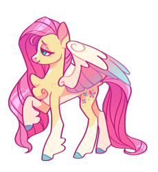 Size: 1282x1392 | Tagged: safe, artist:amaryllidae, derpibooru import, fluttershy, pegasus, pony, alternate design, coat markings, concave belly, female, mare, pale belly, quadrupedal, raised hoof, raised leg, simple background, socks (coat marking), solo, transparent background