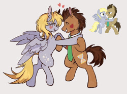 Size: 2048x1506 | Tagged: safe, artist:mapleeheart, derpibooru import, derpy hooves, doctor whooves, earth pony, pegasus, pony, bipedal, doctorderpy, duo, female, heart, male, scene interpretation, shipping, simple background, straight, white background