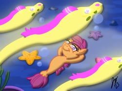 Size: 2160x1620 | Tagged: safe, artist:jesslmc16, derpibooru import, scootaloo, eel, pegasus, seapony (g4), season 8, surf and/or turf, spoiler:s08, arm behind head, bubble, digital art, dorsal fin, episode, female, filly, fin, fish tail, foal, glowing, lying down, ocean, procreate app, redraw, rock, scene, scene interpretation, seaponified, seapony scootaloo, seaquestria, seaweed, smiling, solo, species swap, starfish, swimming, tail, underwater, water